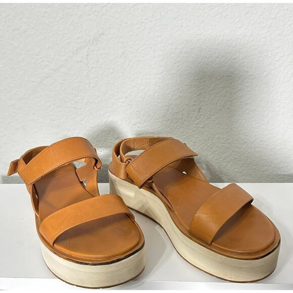 Everlane The Leather Platform Sandal Golden Brown Tan Ankle Strap White Velcro 8 - Picture 4 of 12